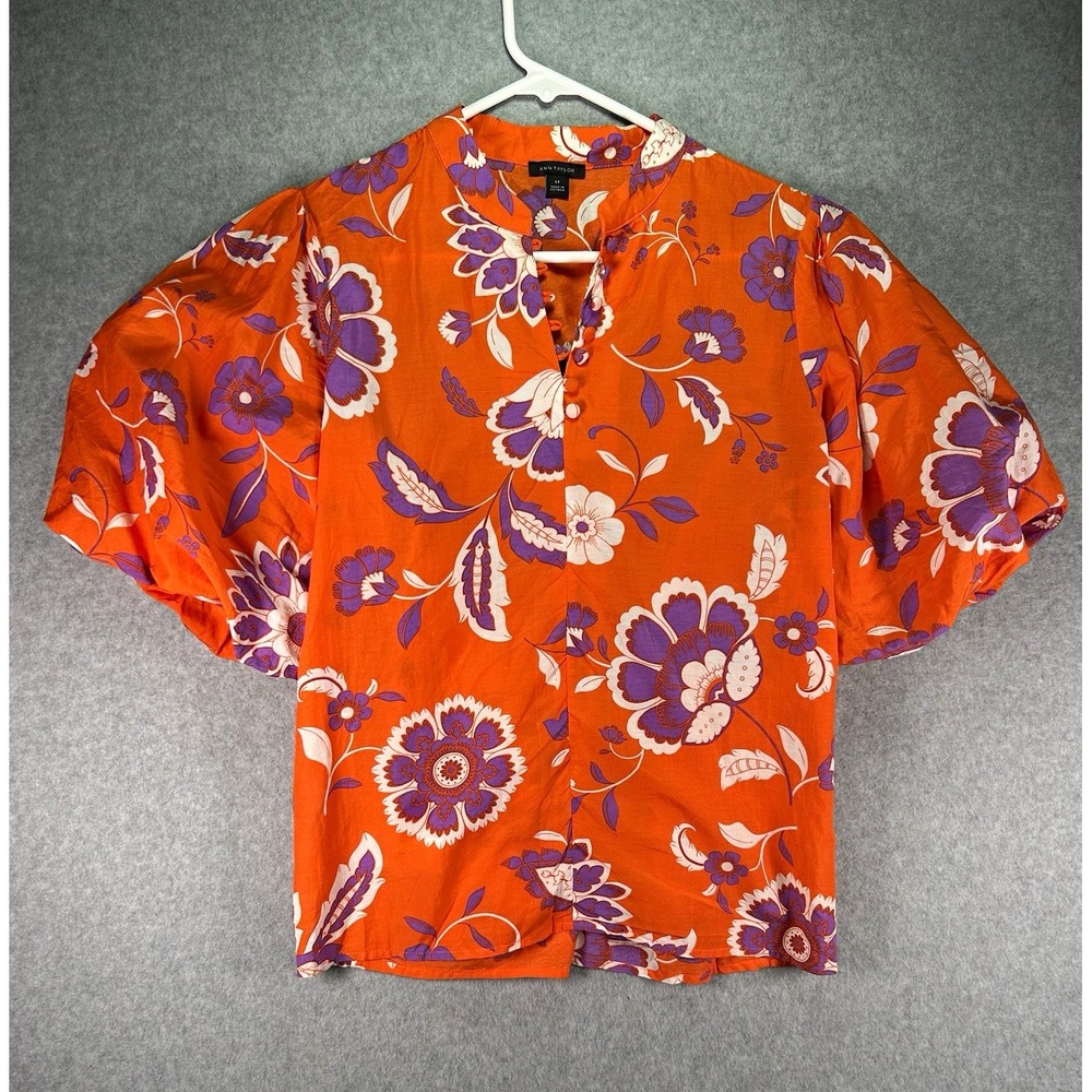 Ann Taylor Blouse Top Women's Petite SP Orange Purple Floral Puff Sleeve Button